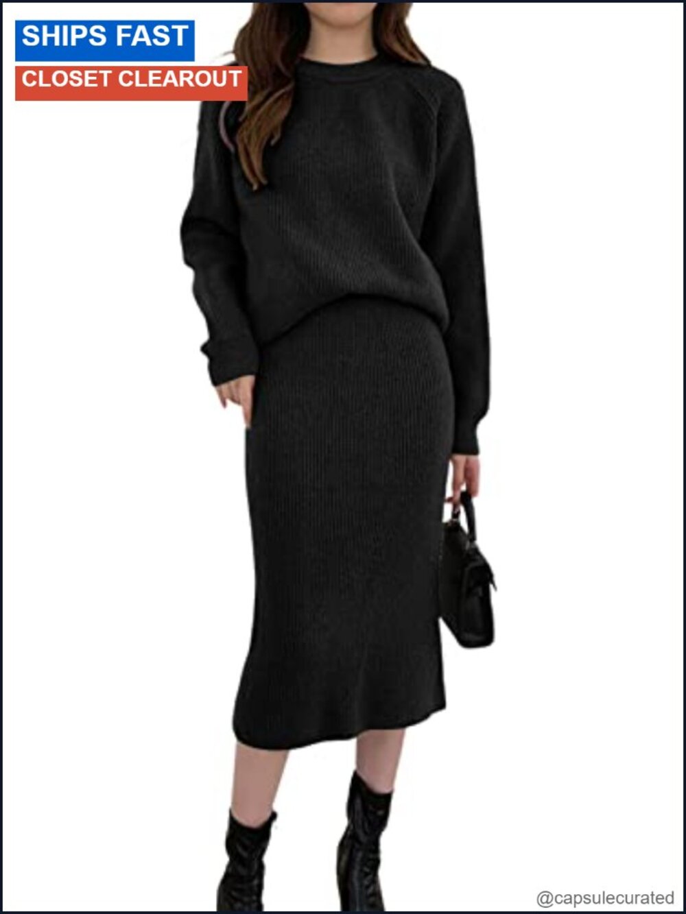 Women's Two Piece Sweater Skirt Set Knit Pullover Top Bodycon Midi Skirt